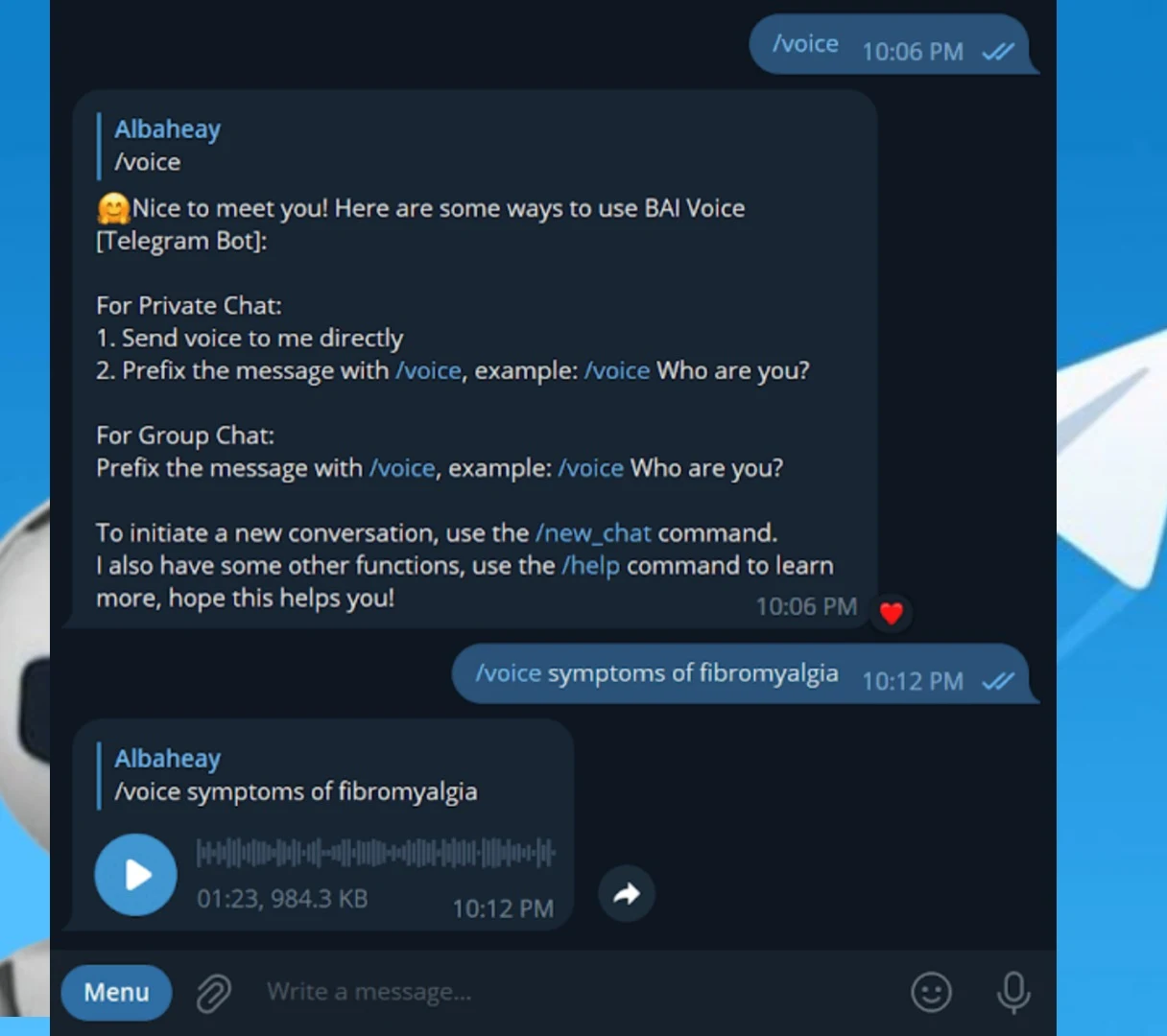 Telegram bot BAI for chatting with artificial intelligence via voice and images.