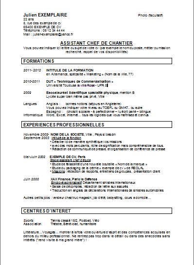 Modèles de CV : Exemple de CV Classique‏ - Assistant Chef 