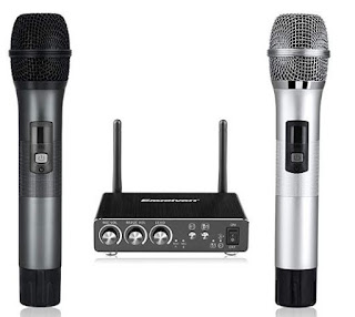 Excelvan K28 Dual Wireless Karaoke Microphone Bluetooth with Receiver Box Various Frequency Full-Metal for Home KTV Education (Grey+Silver)