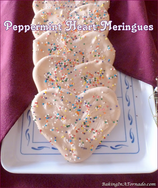Peppermint Heart Meringues | recipe developed by www/BakingInATornado.com | #recipe #cookies