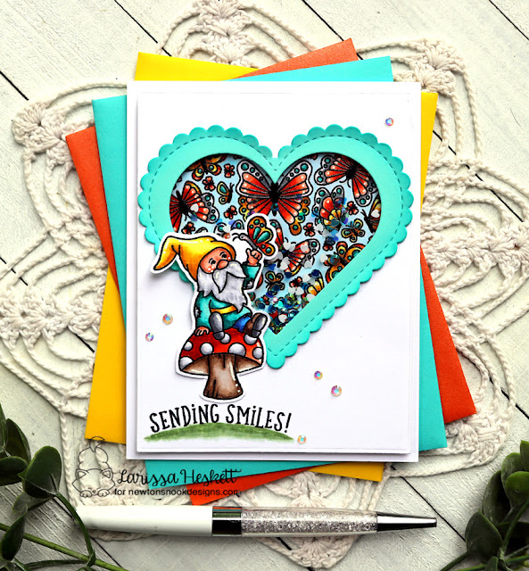 Sending Smiles Shaker Card by Larissa Heskett | Gnome Garden Stamp Set, Heartfelt Butterflies Stamp Set, and Heart Frames Die Set by Newton's Nook Designs #newtonsnook