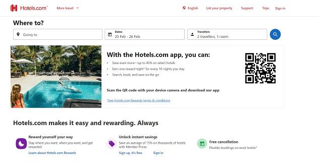 Screen shot of Hotel.com front page