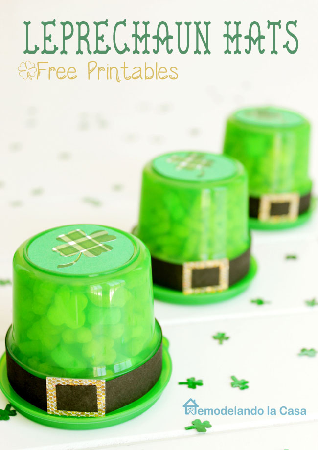 Green plastic containers are used as leprechaun hats