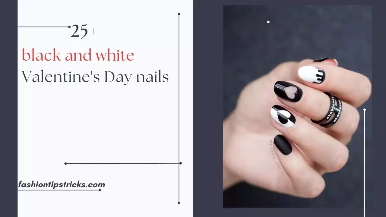 black and white Valentine's Day nails