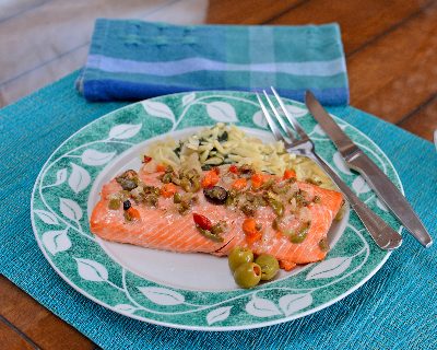 Easy-Easy Broiled Salmon with Olive Salad, another Quick Supper ♥ KitchenParade.com. Just three ingredients, including Trader Joe's Cracked Olive Salad.