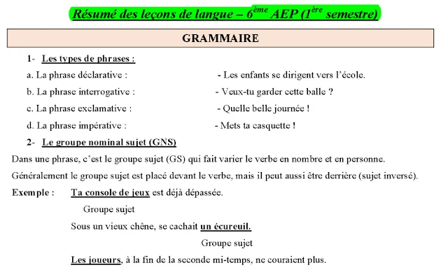 ملخصات دروس الفرنسية للمستوى السادس ابتدائي - résumé des leçons de langue 6AEP