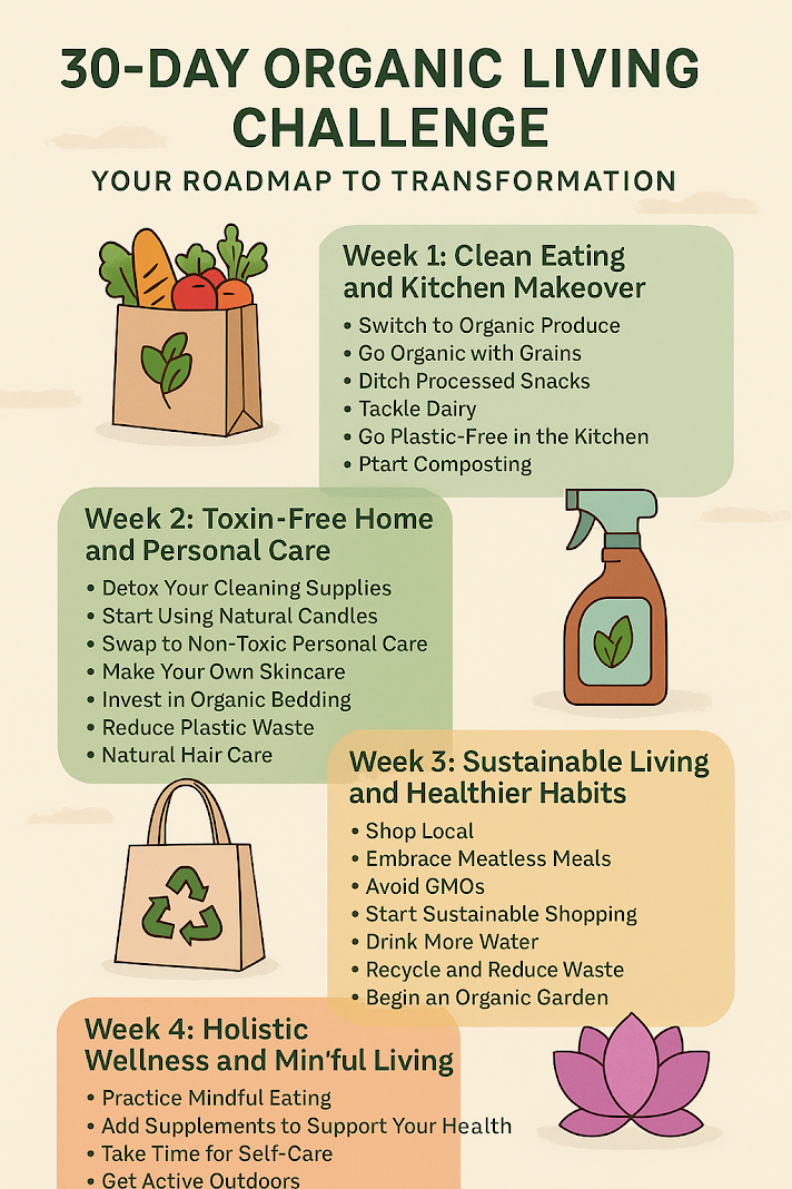 Illustrated infographic showing steps of a 30-Day Organic Living Challenge, including clean eating, detoxing your home, sustainable habits, and mindful wellness.