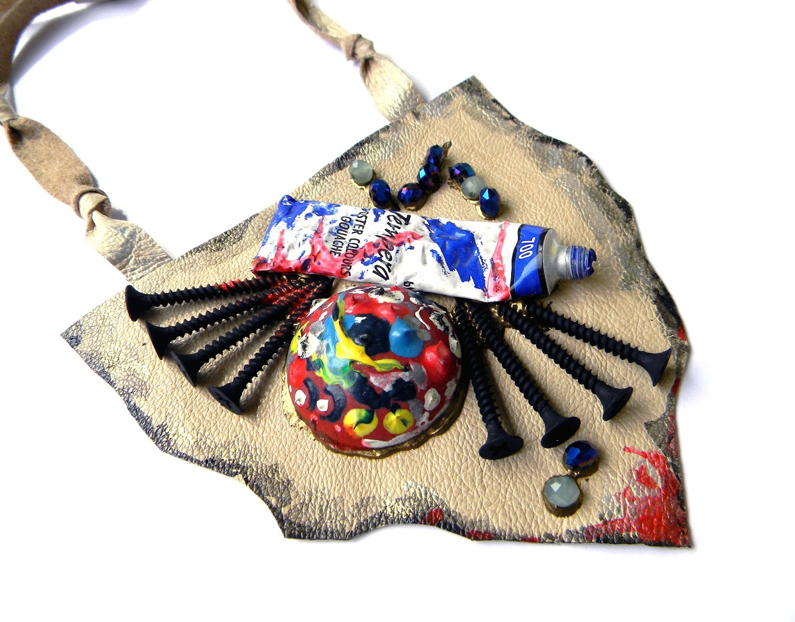 Steampunk Abstract Necklace Bib Colorful Leather Art Jewelry 