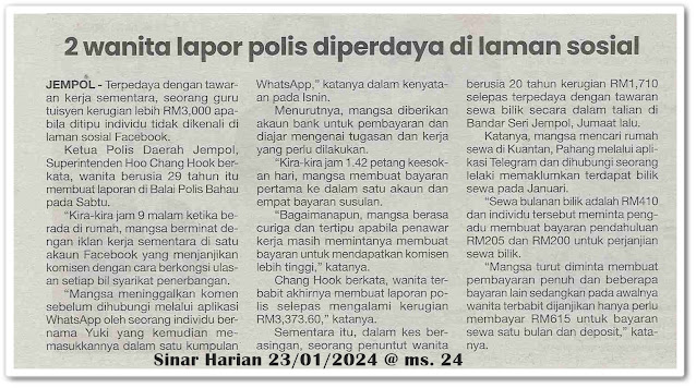 2 wanita lapor polis diperdaya di laman sosial | Keratan akhbar Sinar Harian 23 Januari 2024