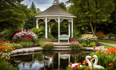 park with gazebo and swans in pond