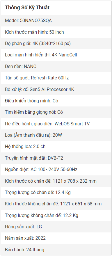 Smart Tivi LG 50 Inch 4K NanoCell 50NANO75SQA