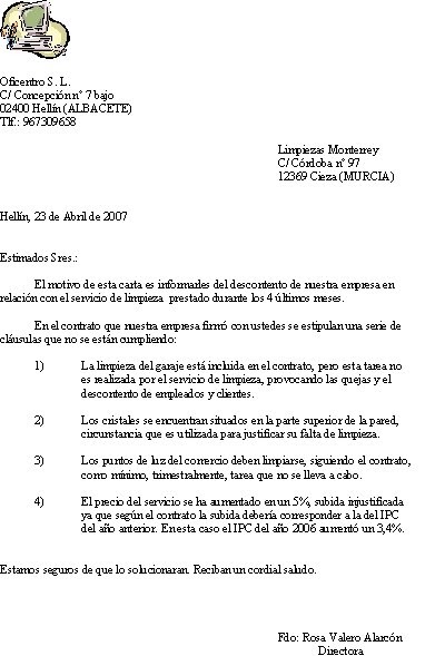 Oficentro: Carta de queja por el servicio de limpieza. Rosa