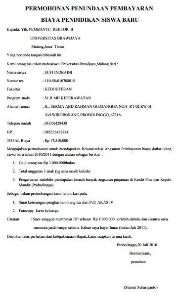 Contoh Surat Permohonan Penundaan Pembayaran Biaya Sekolah 