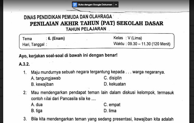 Download soal penilaian selesai tahun atau UAS semester  Soal Ulangan Kelas 5 Tema 6 Kurikulum 2013