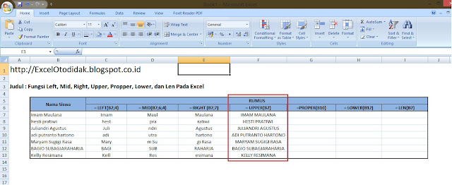 Fungsi Left, Right, Mid, Upper, Propper, Lower, dan Len Pada Excel 