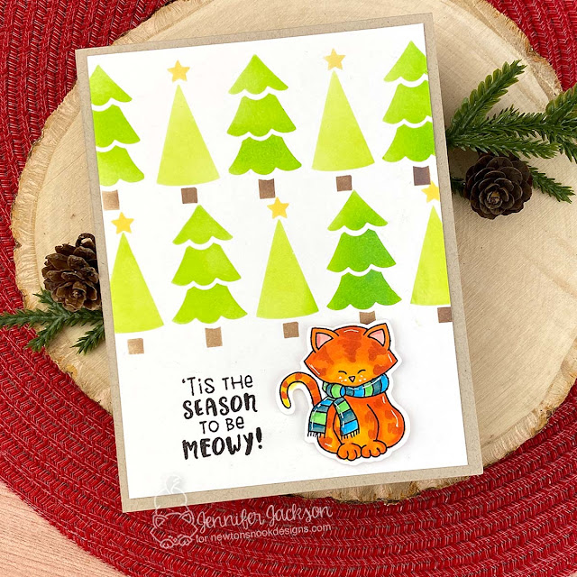 Deck the Halls with Inky Paws Blog Hop | Meowy Christmas Card by Jennifer Jackson | Newton's Holiday Mischief Stamp Set, Christmas Tree Line Stencil and  Newton's Stocking Stamp Set by Newton's Nook Designs #newtonsnook #handmade