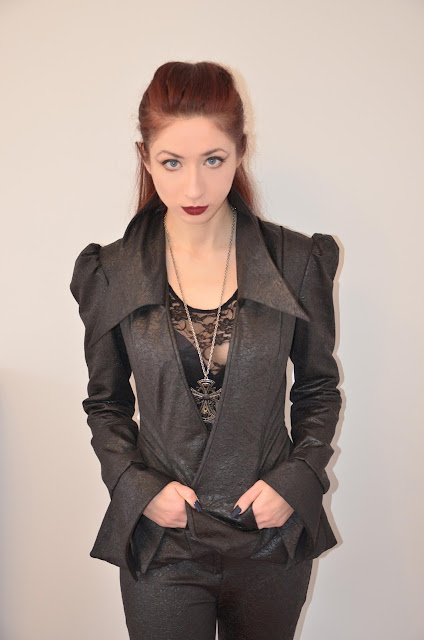 Faux leather jacket and black lace top sewing