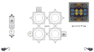 no centro da tela há uma composição de quatro losangos. o jogador posicionou algumas entidades nos seus vértices, representadas por seus ícones.