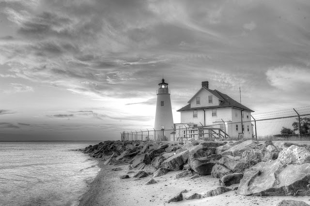 Lighthouse processed (tonemapped/greyscale) using Ferrell McCollough’s normal, over, and under photos.