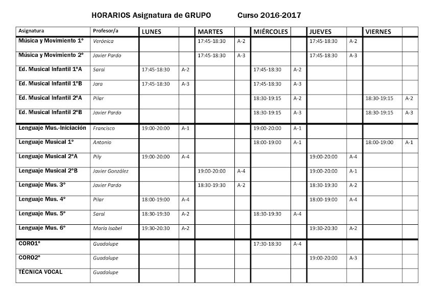 HORARIOS DE ASIGNATURAS DE GRUPO Y AGRUPACIONES. Curso 2016-2017