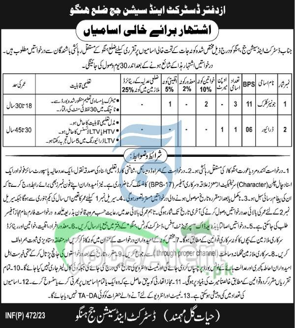 District and Session Court Hangu Jobs 2023 for Latest Advertisement