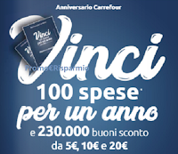 Logo Anniversario Carrefour: vinci 100 spesa da 6.000€ e 230.000 buoni sconto da 5€, 10€, 20€