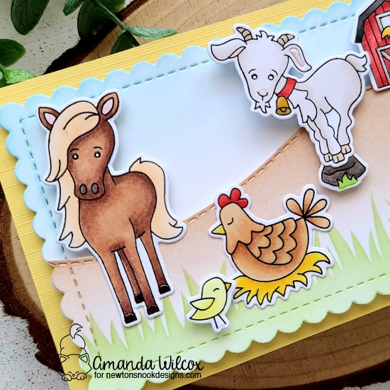 Farm Card by Amanda Wilcox | Neigh, Cluck, Bleat, Baa, Oink and Moo Farm animal Stamp Sets, Hills & Grass Stencil and Land Borders and Slimline dies by Newton's Nook Designs #newtonsnook #handmade