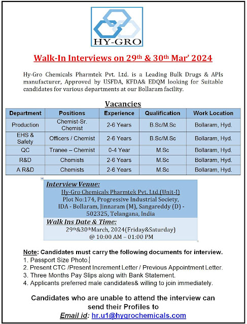 Hy-Gro Chemicals Walk In Interview For Production/ EHS/ Safety/ QC/ R&D/ AR&D