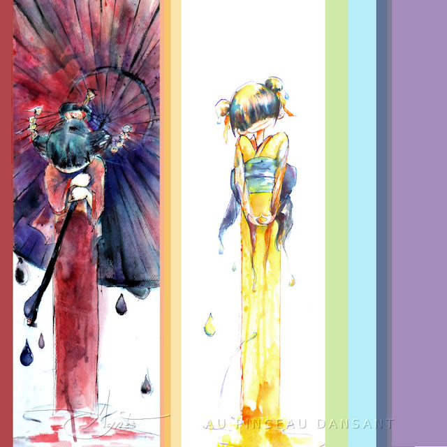 illustration fille japonaise, arc-en-ciel, agnès grégis, au pinceau dansant, rainbow illustration, personnages japonais, japan artwork, illustration aquarelle, illustrations kimono,