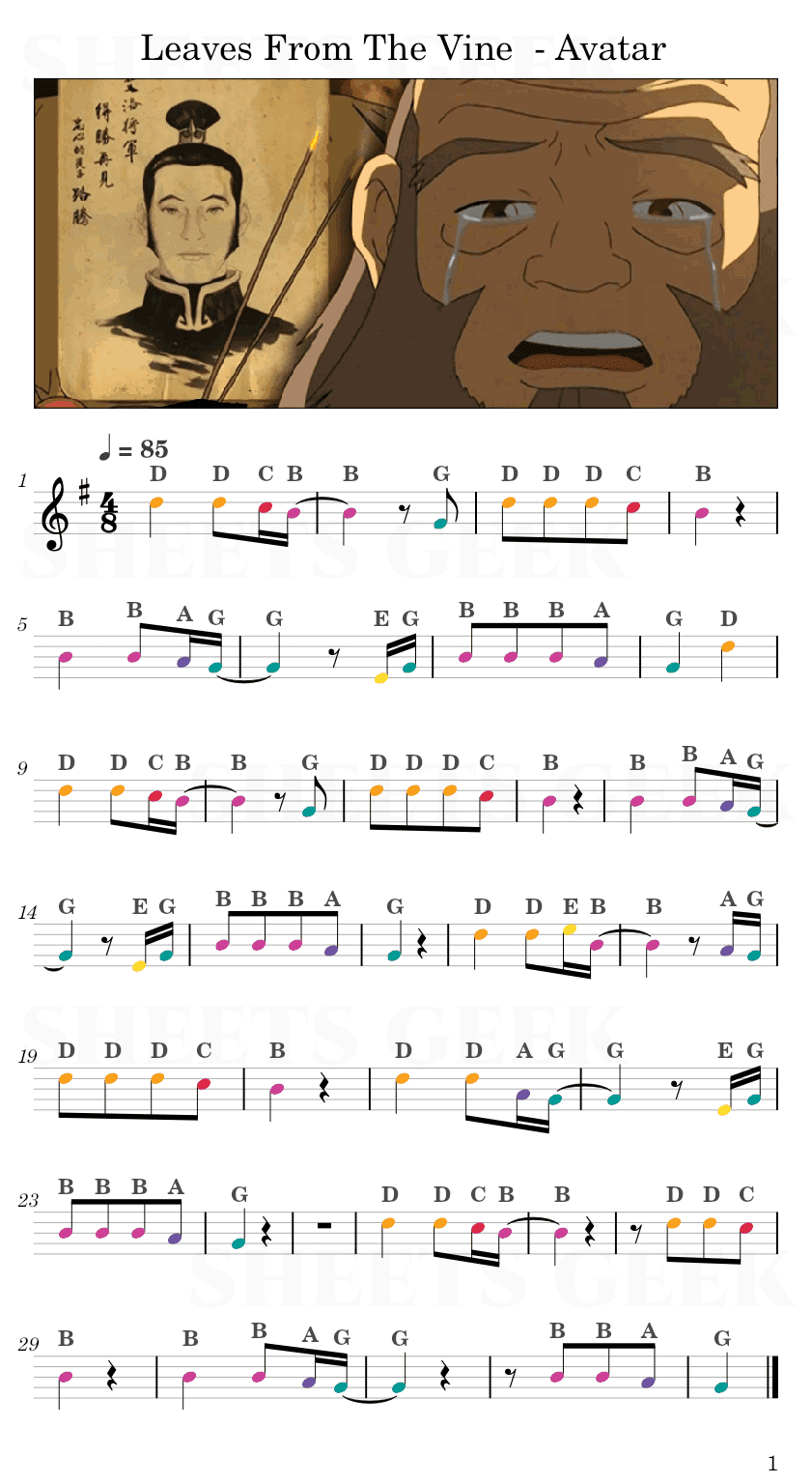Leaves From The Vine (Little Soldier Boy) - Avatar: The Last Airbender Easy Sheet Music Free for piano, keyboard, flute, violin, sax, cello page 1