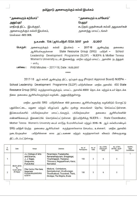 450 தலைமை ஆசிரியர்களுக்கான பயிற்சி - மாநில திட்ட இயக்குநர் கடிதம்