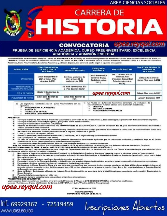 Historia UPEA I/2022: Convocatoria a la Prueba de Suficiencia Académica, Curso Preuniversitario, Excelencia Académica y Admisión Especial