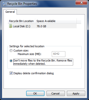 Tweaking settings of recycle bin