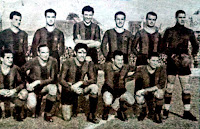 C. F. BARCELONA. Temporada 1944-45. Gonzalvo II, Elías, Sans, Calvet, Curta y Quique. Valle, Escolá, Martín, César y Rueda. C. D. SABADELL 0 C. F. BARCELONA 1 Domingo 18/02/1945, 16:30 horas. Campeonato de Liga de 1ª División, jornada 18. Sabadell, Barcelona, estadio de la Cruz Alta. GOLES: 0-1: 60’, Escolá.