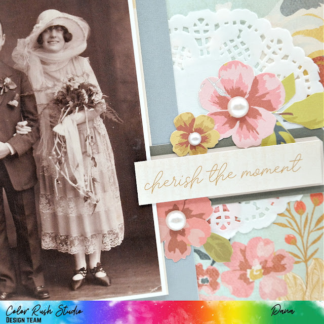 Vintage wedding scrapbook layout created with the Simple Stories Wildflower collection and embellishments from the Color Rush Studio January 2024 Kit.
