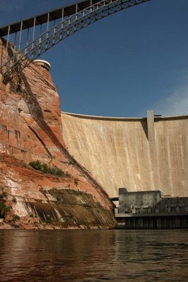 Colorado River view of the dam, visitor center, highway bridge, and powerhouse