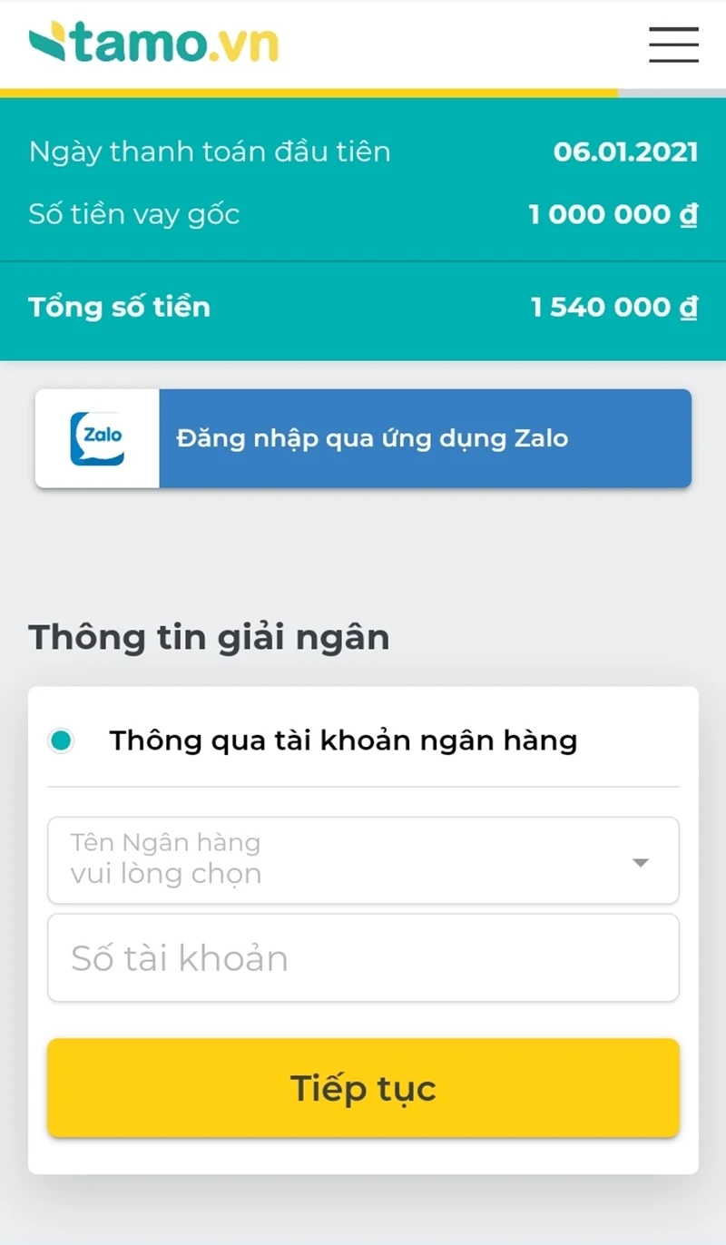 hướng dẫn vay tiền nhanh tamo