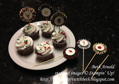 Craft with Beth: Iconic Christmas Cupcake Decorations Rosette Rosettes cupcake topper Stampin Up Christmas Christmas Tree gingerbread reindeer