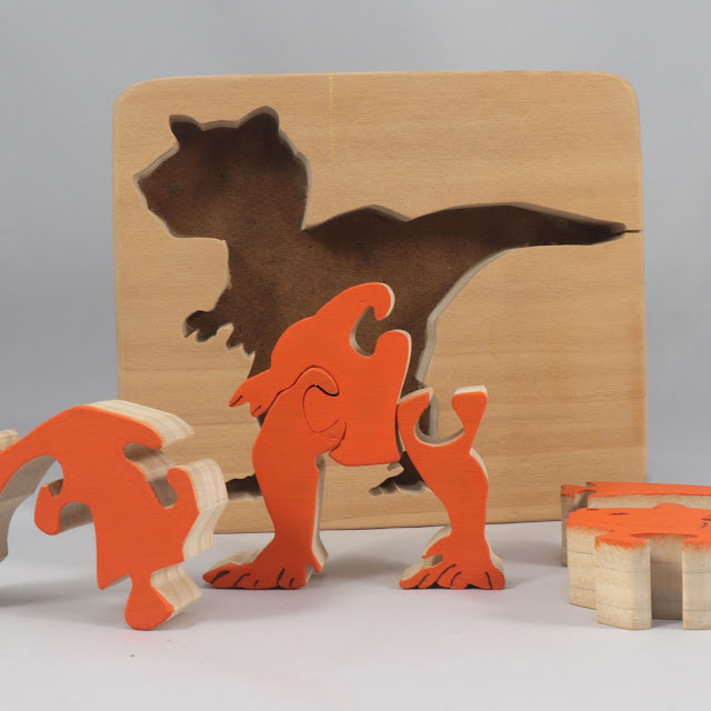 Wood Dinosaur Tray Puzzle, Handmade and Finished with Amber Shellac and Orange Acrylic Paint