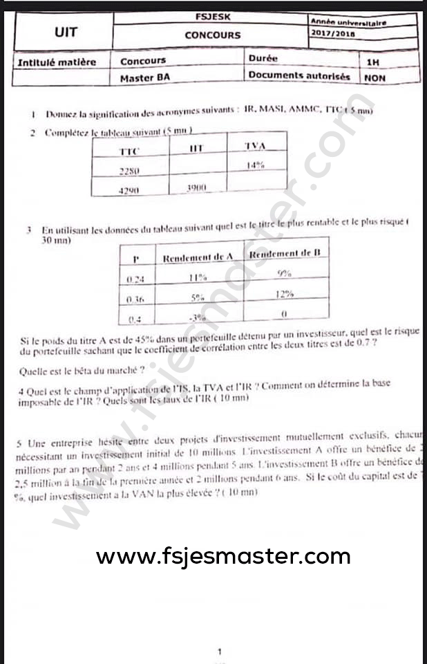 Exemple Concours Master Banque Assurance (BA) 2017-2018 - Fsjes Kénitra