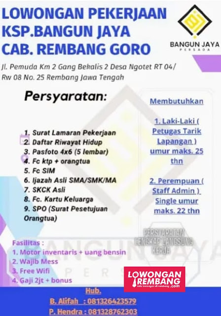 Lowongan Kerja Pegawai Koperasi Simpan Pinjam KSP Bangun Jaya Persada Rembang