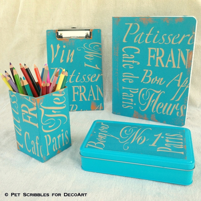 blue painted desk accessories