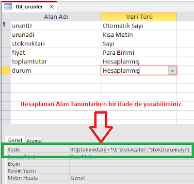 Accesste hesaplanan alanlar