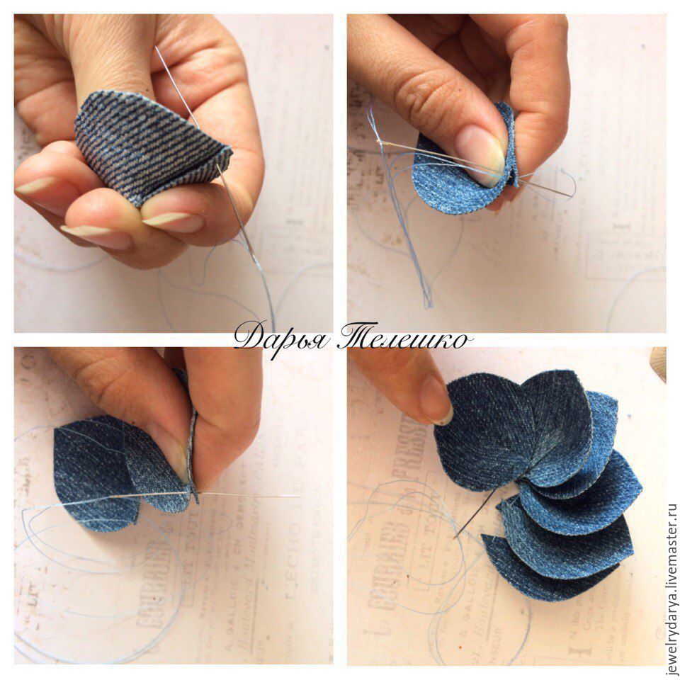 Create a denim brooch - a flower with a Swarovski crystal