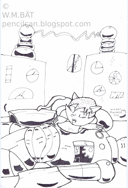 An anthro mad science gal sleeping on a giant robot.