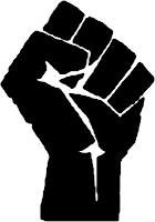 Woodcut form of a raised fist, adapted from http://www.tomrobinson.com/trb/stencil.htm