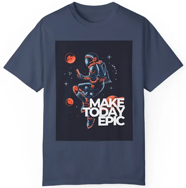 Comfort Colors Motivational T-Shirt for Men and Women With Blue Orange Modern Illustration Epic Astronaut Quote Make Today Epic