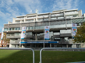 Pic of QEII Centre with flags for Biometrics 2014 outside