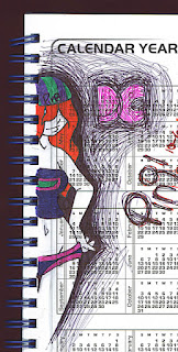 A pen and marker doodle of a red-haired woman wearing a hat and tube top with underwear, drawn on the edge of a spiral bound calendar. Drawing by Haley McAndrews, 2003.
