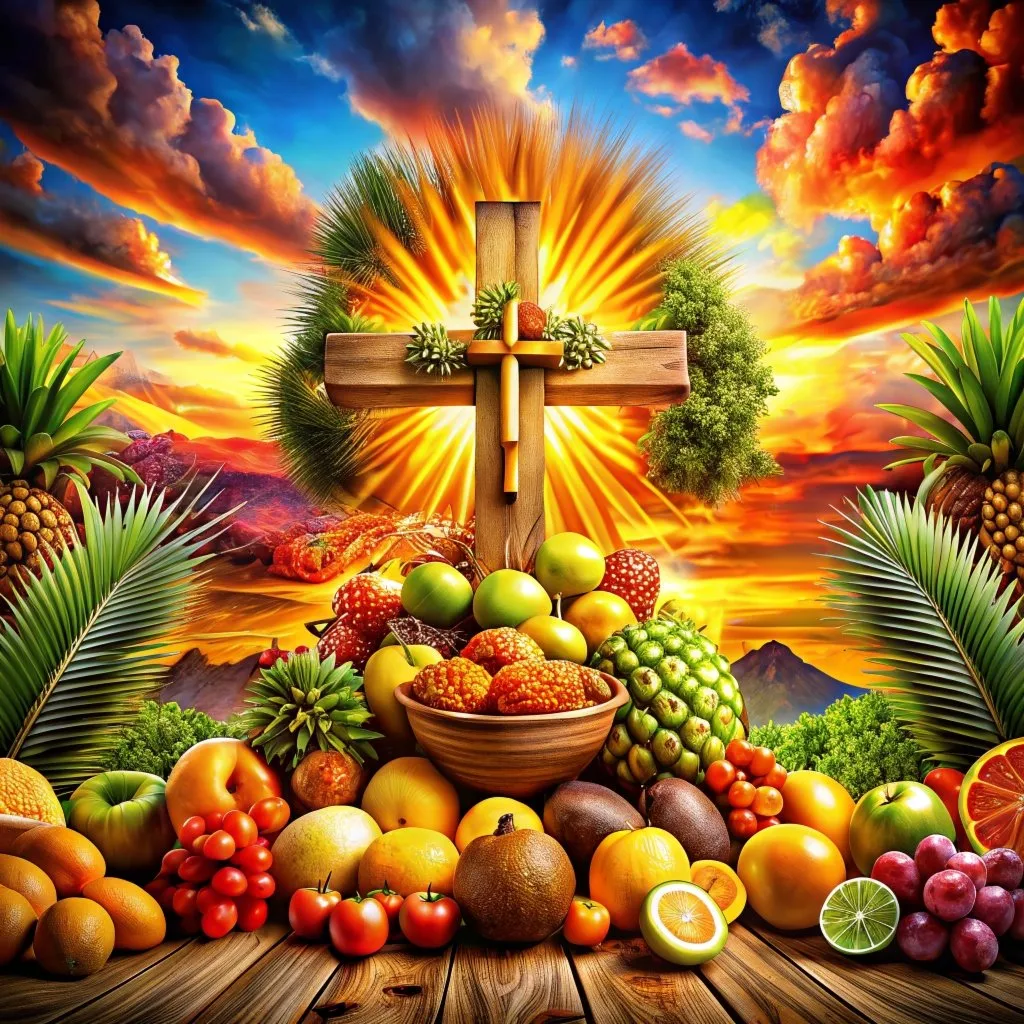  imagen de la cruz rodeada de frutas 